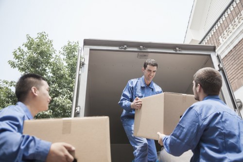 Professional man and van moving packed belongings with care